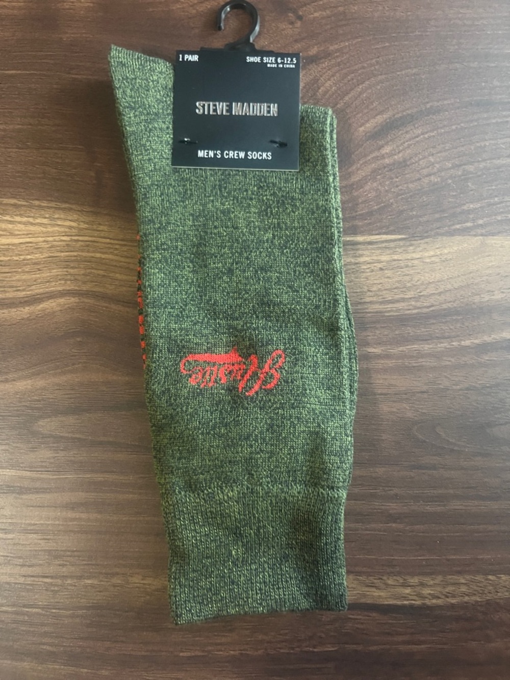 Steve Madden Olive Crew Socks with Red Embroidered Accent